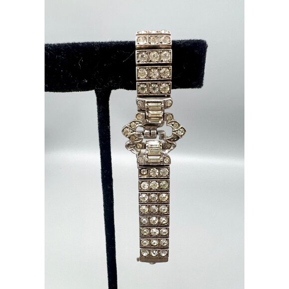 Antique Art Deco Sterling Silver Rhinestone Flexible Bracelet 7"L - Picture 10 of 10